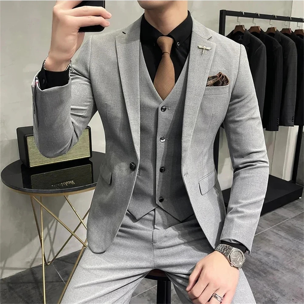 Highend Boutique Fashion Solid Color Mens Casual Business Suit 3Piece Set Groom Wedding Dress Jacket Vest Pants 250115