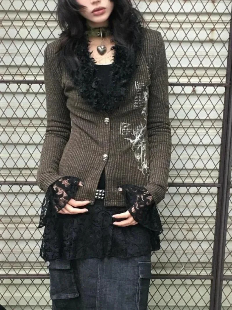 Vintage Punk Y2k Aesthetic Faux Far V Neck Button Cardigan Autumn American Harajuku Print Office Lady Clothes Subcultural Shirts 250122