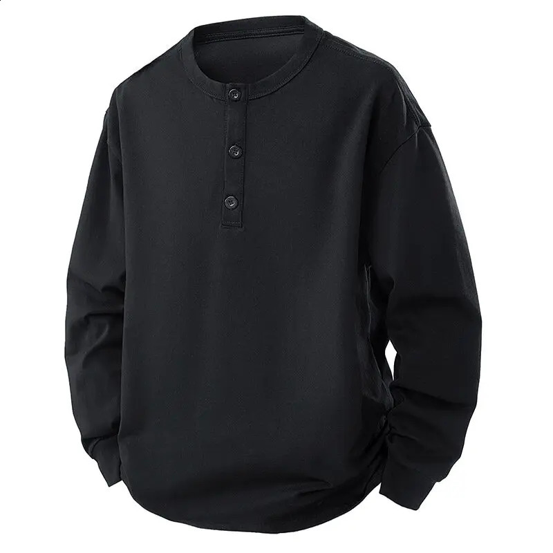 Autumn Mens Fashion Men Henry Neck Long Sleeve TShirt Casual Vintage Male Button Slim Washed Tees 250122