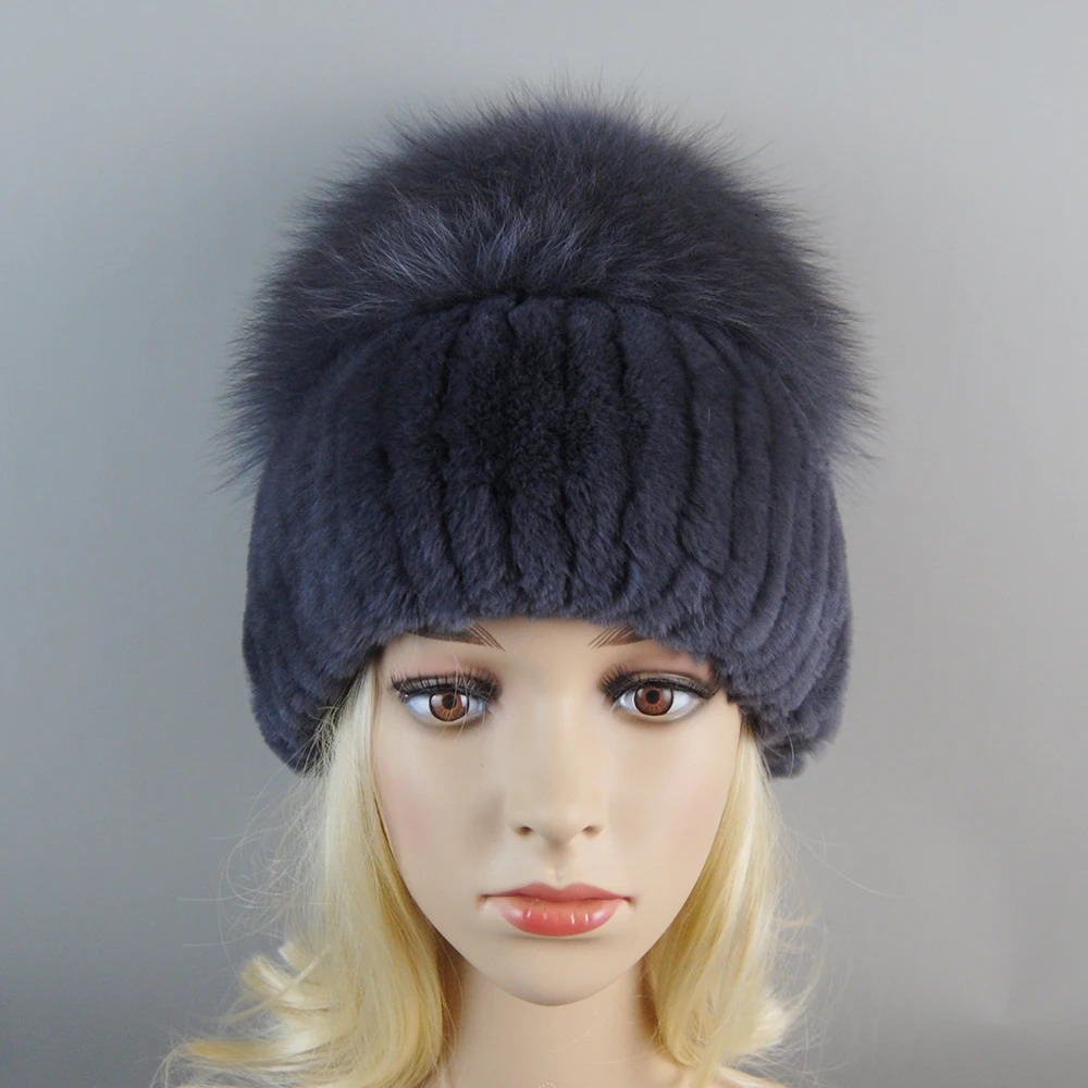 Russian Style Womens Genuine Fox Fur Hat for Girls Natural Genuine Rex Rabbit Fur Skull Hat Knitted Winter Genuine Fur Hat 250109
