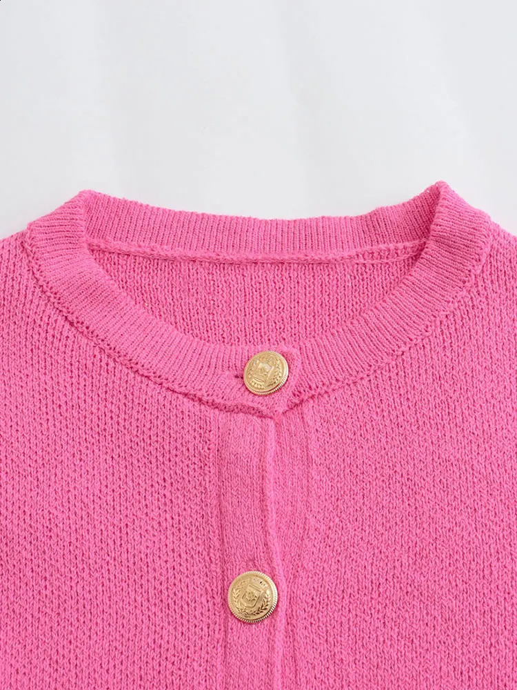 TRAF Womens Knitted Cardigan Sweater Golden Buttons Front Patch Pockets Long Sleeve Female Outerwear Chic Tops 250116