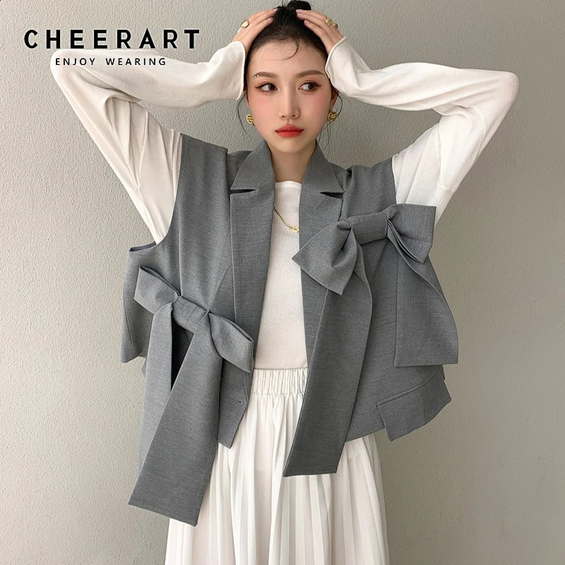 CHEERART Fashion Women Gilet Grey Vest Bow Sleeveless Blazer Coat Loose Crop Jacket Single Button Waist 250113Z