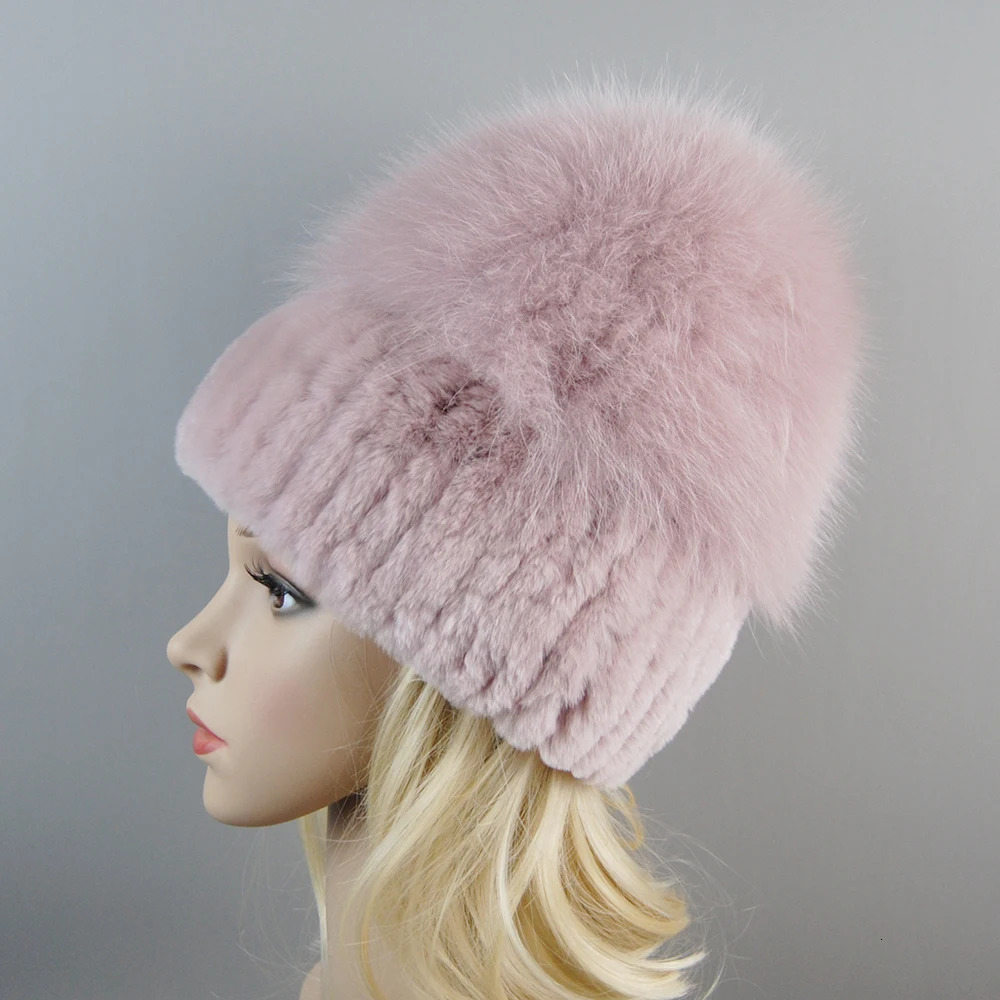 Russian Style Womens Genuine Fox Fur Hat for Girls Natural Genuine Rex Rabbit Fur Skull Hat Knitted Winter Genuine Fur Hat 250109