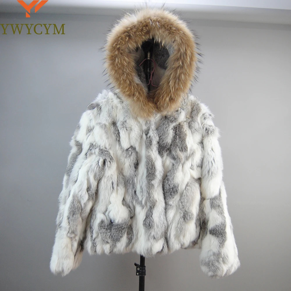 Real Fur Genuine Rabbit Coat With Hood Jacket And Natural Raccoon Collar Waistcoat Overcoat 250115
