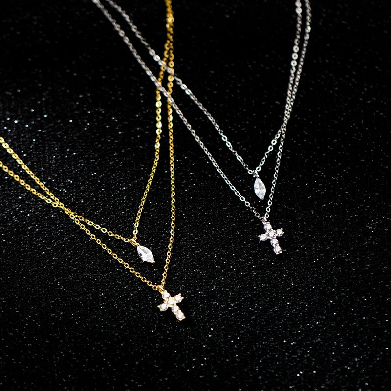 WANTME 925 Sterling Silver Trendy Double Cross Geometric Zircon Statement Gold Clavicle Necklace for Women Elegant Charm Jewelry 250117