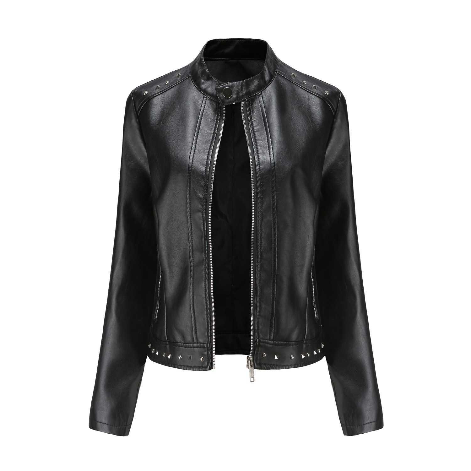 Rivet Fashion Stand Up Collar Leather Jacket for Women Solid Color Casual Jacket for Women Spring Autumn Outerwear Womens Leather Womens Jacket 241209