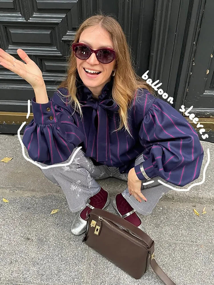 Vintage Women Striped Shirts Fashion Stand Collar Laceup Bow Single Breasted Long Sleeve Blouse 2025 Spring Lady Street Tops 250122