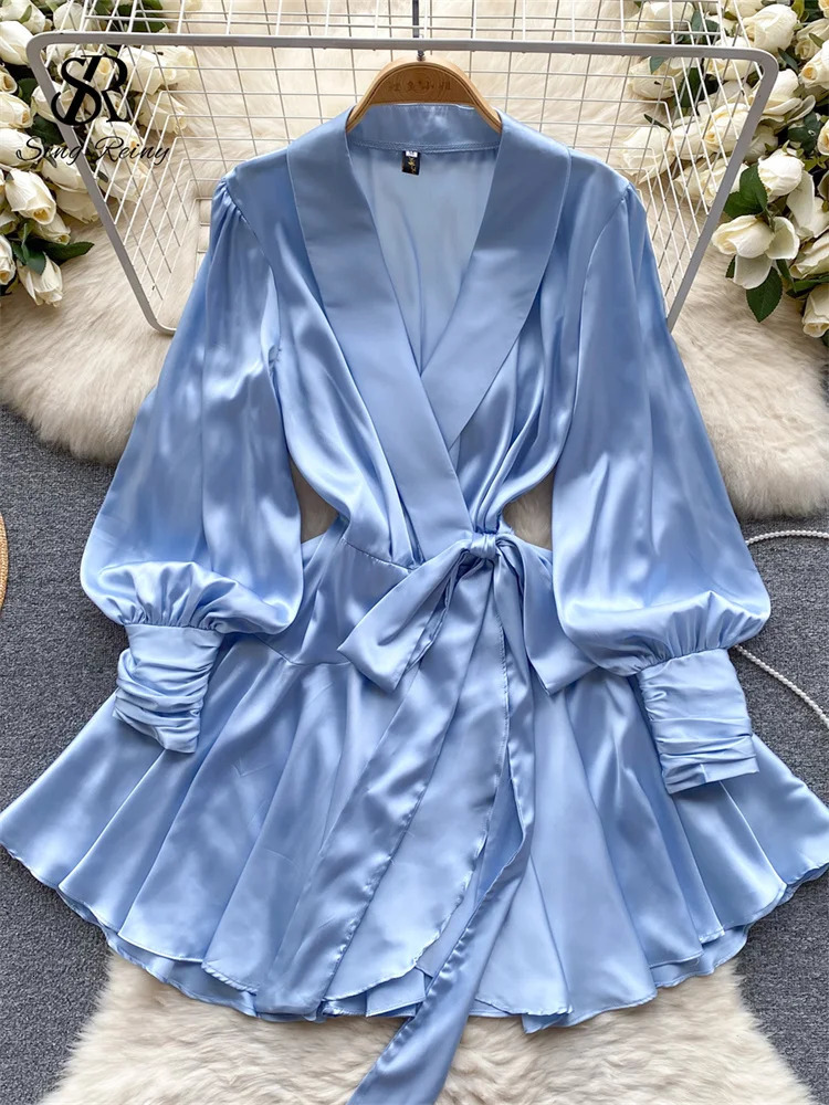 SINGREINY Women Senior Satin Sexy Dress 2024 Fashion Deep V Neck Bandage French Spring Lantern Sleeve Pleated Wrap Dress 250121