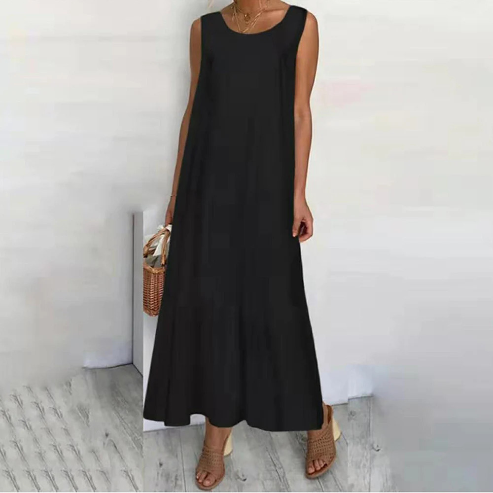 Plus Size L5XL Solid Sleeveless Cotton Linen Tank Dres ONeck ALine Dress Summer Streetwear Simple Midi Dresses Female 250121