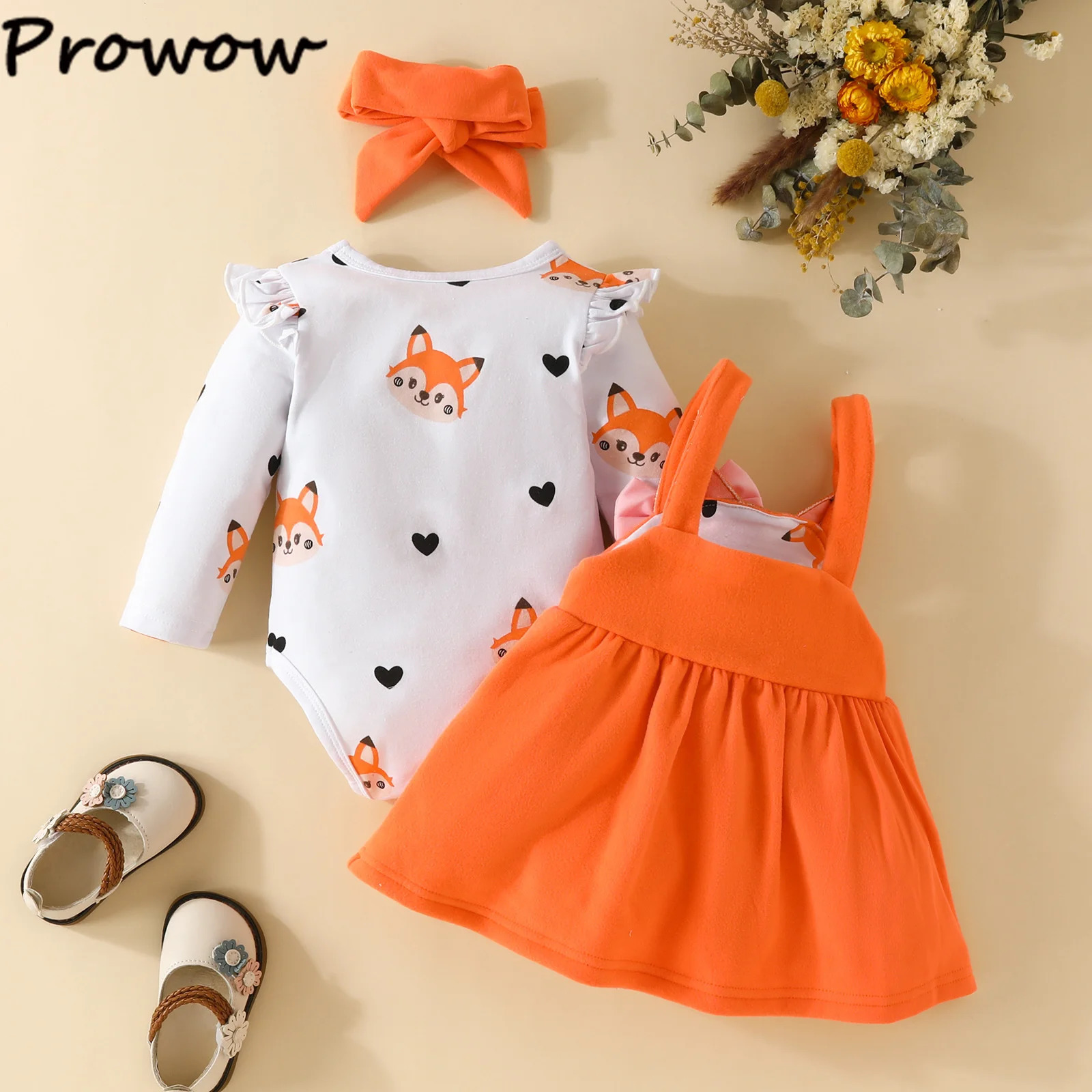 Prowow Cute Fox Baby Dresses 3pcs Set Heart Print RomperSuspender Dress For Girls Fall Winter born Girl Clothes 250117
