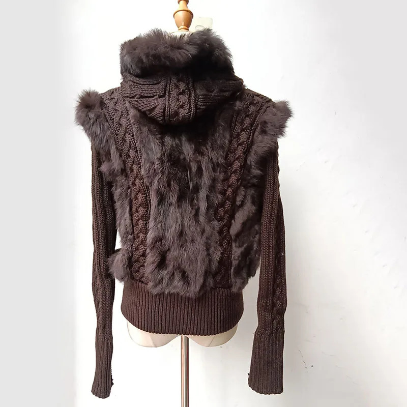 Women Winter Real Rabbit Fur Coat With Hood Long Sleeve Fashion Warm Female Hooded Genuine Jacket Outwear 250115
