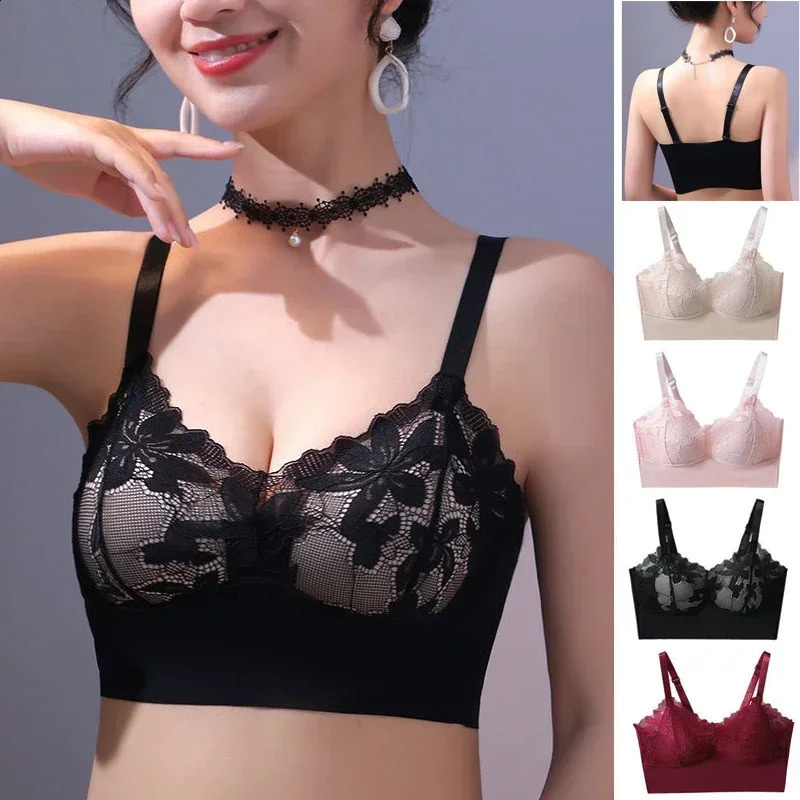 1pcs Ice Silk Seamless Lace Sport Bra No Steel Ring Comfortable Large Size vest bra Gather Anti Sagging Underwear 250122