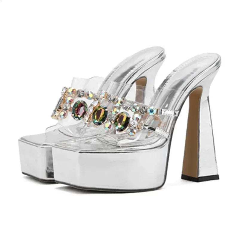 Sexy Peep Toe Platform Transparent Pvc Broad Band Crystal Slippers for Women Shoe Slides Square Head 15cm High Heels Rome Sandal 250113