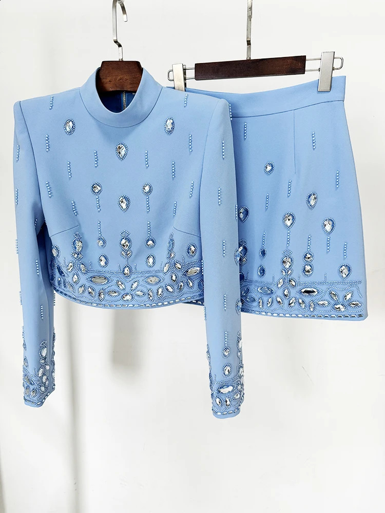 HIGH STREET est Fashion Runway Suit Set Womens Rhinestone Diamonds Beading Cropped Top Mini Skirt Set 2pcs 250122