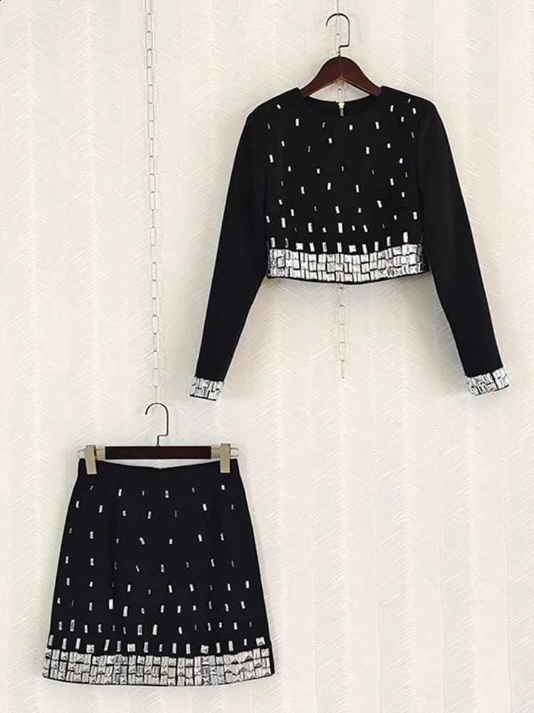 IEQJ-Two-Piece Set for Women Beaded n Round Neck Long Sleeve Coat High Waist Skirts Sets Spring 36A1272 250122