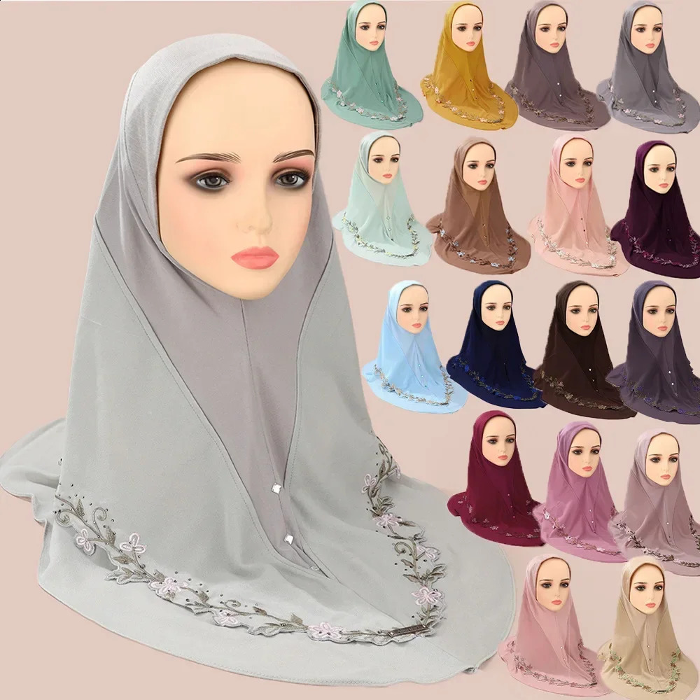 Embroidery Floral Hijab Arab Solid Color Turban Islamic Fashion Khimar Muslim Soft Women Wear Directly Instant Hijab Scarf 250121