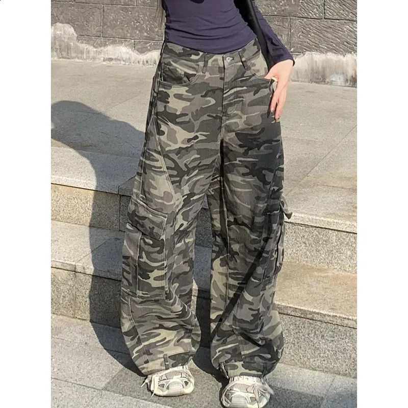 Autumn Winter Low Rise Jeans Y2k Ladies American High Street Baggy Pants Woman Camouflage Drawstring Mop for Women 250122