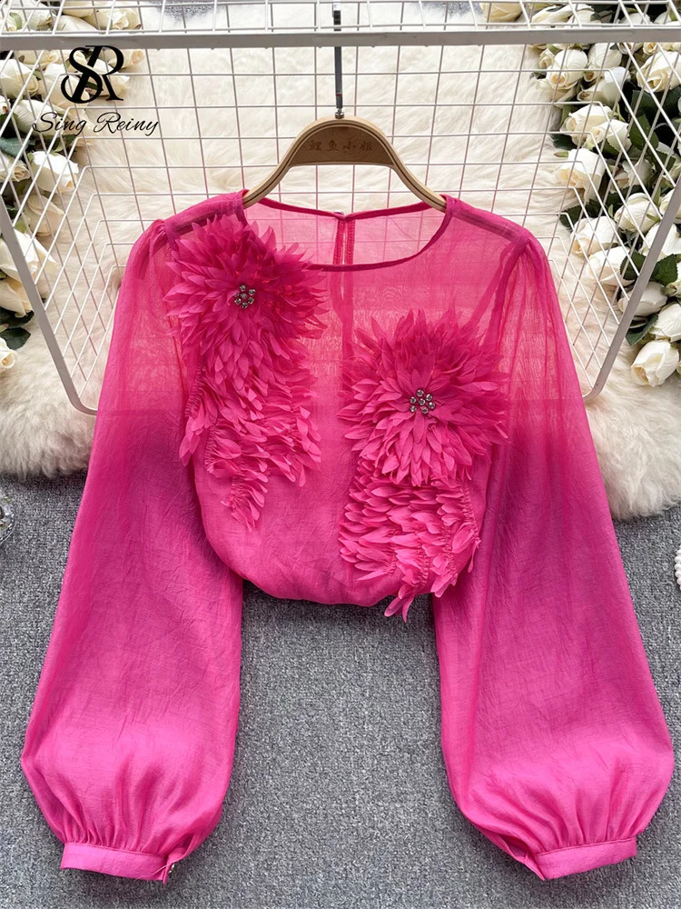 SINGREINY Spring Loose Satin Blouse Women O Neck Long Sleeves Sheer Bohemian Top 2024 Transparent 3D Floral Casual Shirt 250122