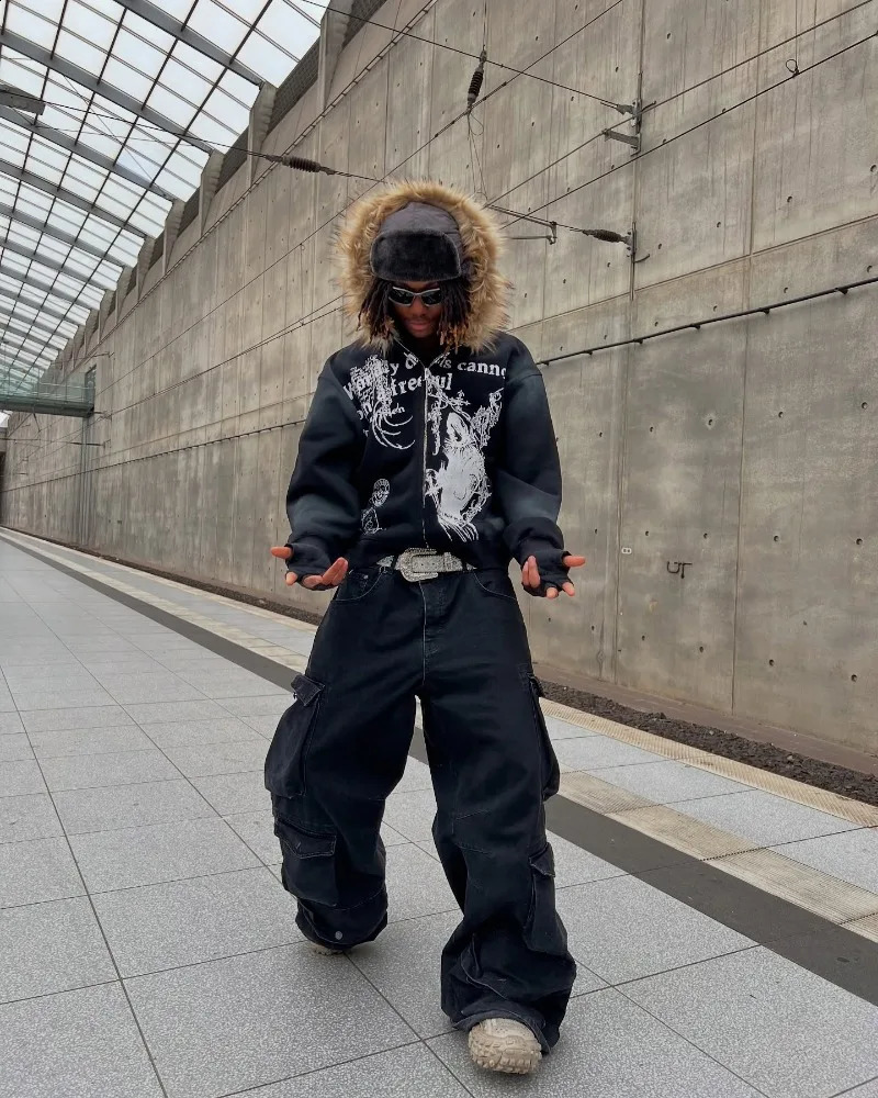 Harajuku Korean Trend Retro zipper hoodie for men y2k Street fur collar n jacket Fashion casual couple oversized sweatshirt 250120