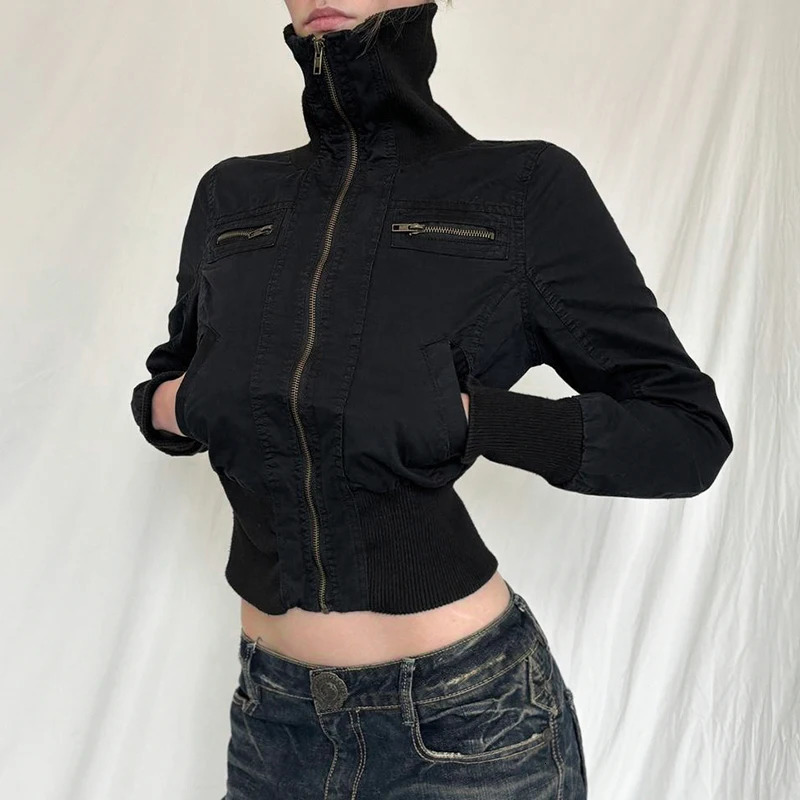 CIBBAR Streetwear Black Zip Up Jacket Autumn Winter Turtleneck Full Sleeve Cropped Jackets for Women y2k Vintage Ladies Outwear 250118