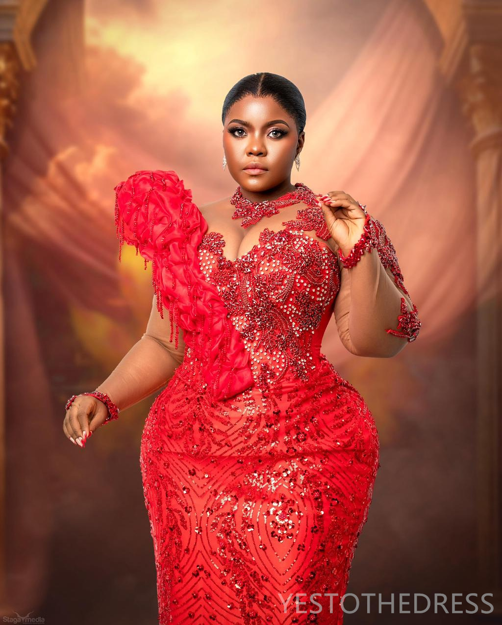 2025 Plus Size Aso Ebi Red Prom Dresses Mermaid Evening Gowns For Black Women Illusion Sheer Neck Long Sleeves Beaded Lace Birthday Dress Second Recep