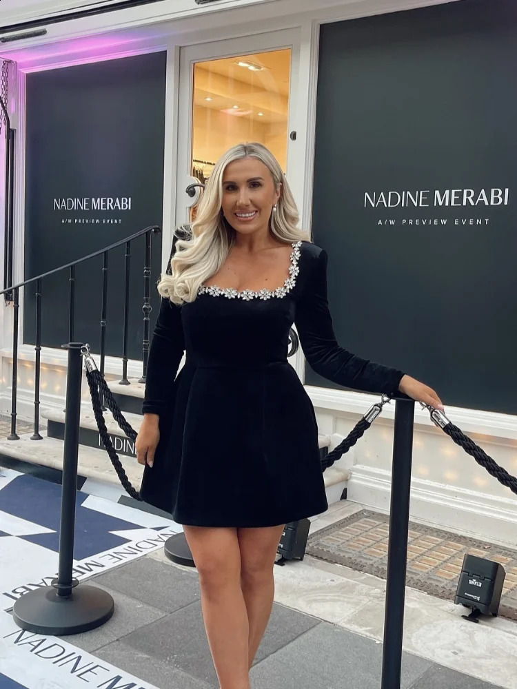 Elegant Women Square Neck Black Velvet Flower Mini Dress Fashion Long Sleeve High Waist Vestidos 2025 Lady Party Gown Clearance 250121