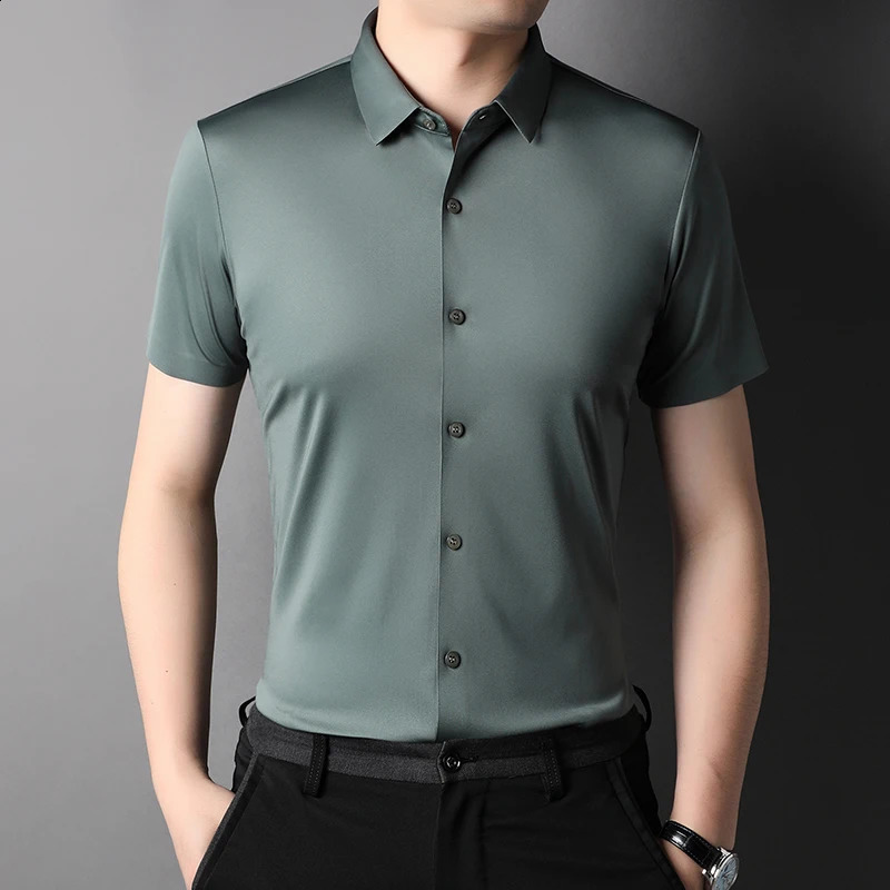 MLSHP High Elasticity Summer Mens Shirts y Short Sleeve Solid Color Seamless Business Casual Male Dress 4XL 250110