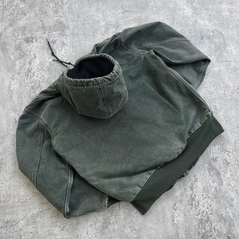 America Retro Hip-hop Flax Green Mens Zipper Hoodie Washed Loose Hooded Sweatshirt Workwear Hoodies Windproof Distressed Jacket 250120