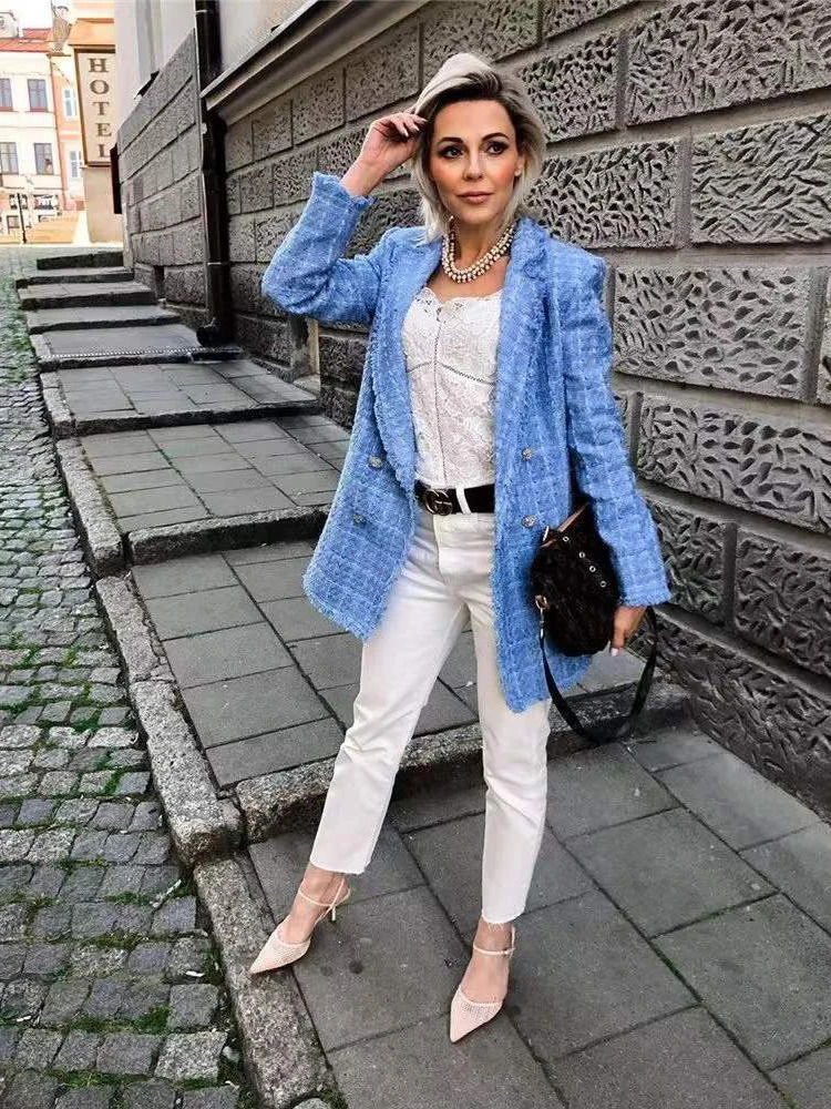 Tweed Women Elegant Blue Jacket Fashion Ladies Vintage Loose Stylish Jackets Casual Female Outerwear Girls Chic 250122