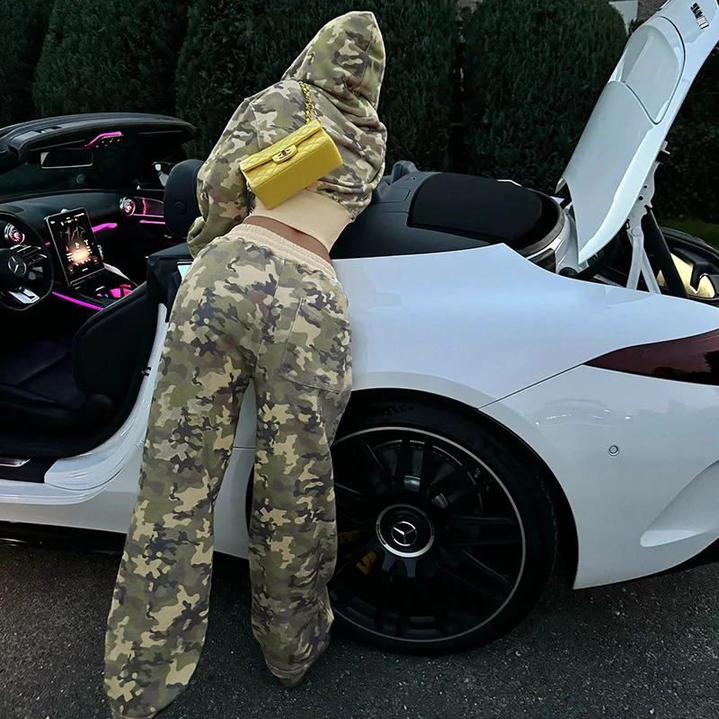 Camouflage Print Loose Casual 2 Piece Set Women Tracksuits Full Sleeve Zipper Hooded Sweatshirts Top Wide Leg Pants Suits 250110