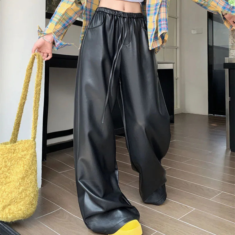Lucyever American Black PU Leather Pants Women Autumn Winter Streetwear High Wiast Straight Pants Woman Baggy Wide Leg Trousers 250117
