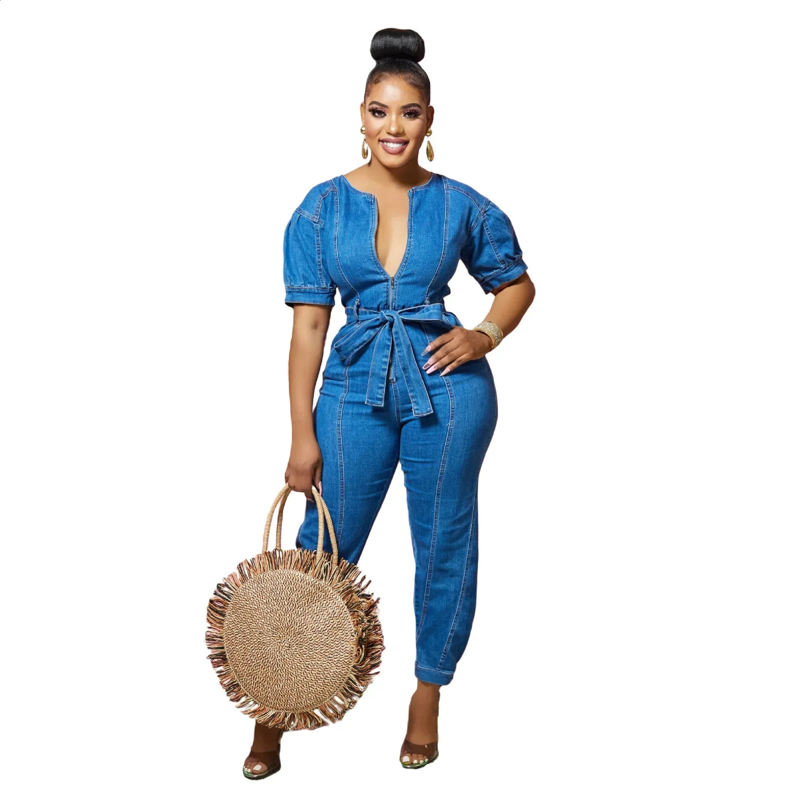 Women One Piece Round Neck Tight High Waist Lace Up Bow Overalls Slim Fit Denim Jumpsuits Sheath Long Pants Rompers Spring 250122