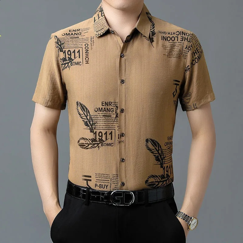 Summer Printed Mens Square Neck Ice Silk Fabric Fashion Versatile Short Sleeve Loose Single Row Multi Button Shirt Top 250110