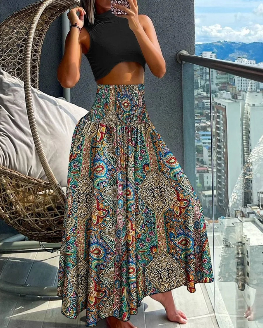 2024 Plus Size European and American Crossborder Summer Fashion Print High Waist Slim Skirt 250122