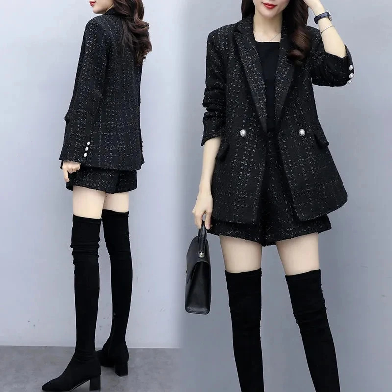 Black retro plain coarse woolen suit elegant loose jacket and shorts set Korean ensemble womens 2piece 250122