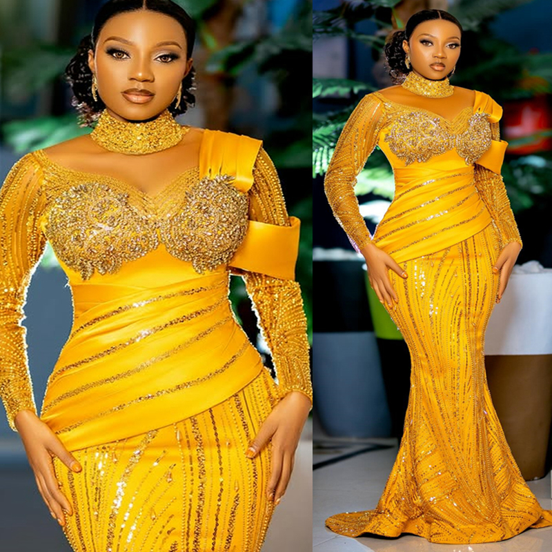 2025 Plus Size Aso Ebi Gold Prom Dresses Mermaid Evening Gowns For Black Women Illusion High Neck Long Sleeves Beaded Lace Birthday Dress Second Recep