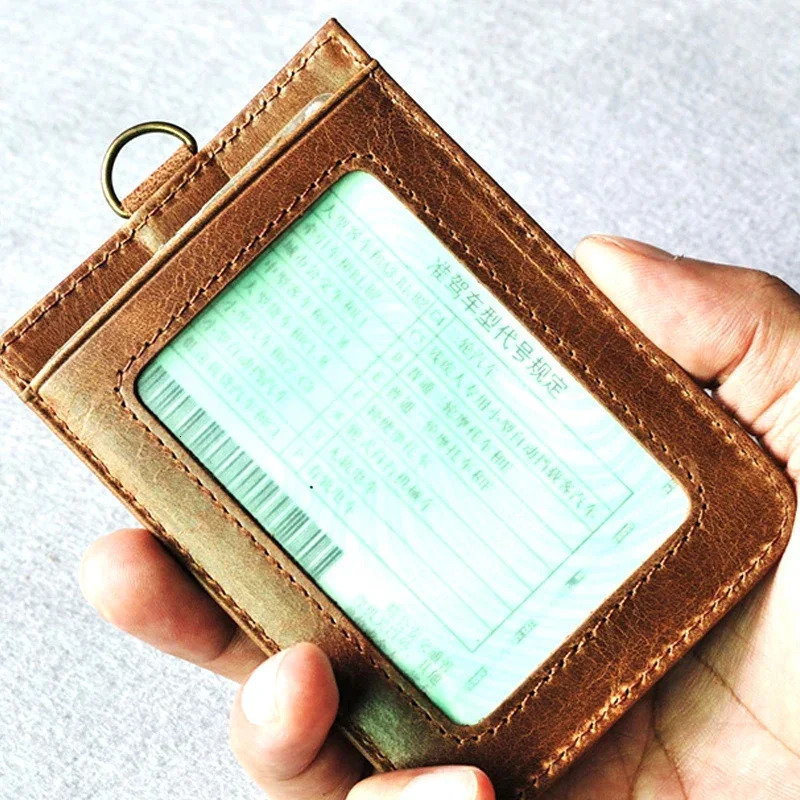 Retro Leather Work Credential Lanyard with Card Holder Neck Strap Cowhide Leather Id Badge Holder Staff Card Bus ID Card 250120