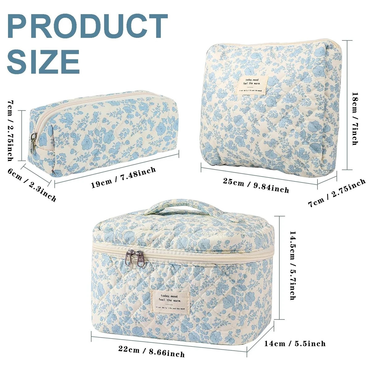YANZAI 3 Pcs Cotton Quilted Makeup Bag Set Floral Cotton Cosmetic Bag Aesthetic Womens Large Capacity Toiletry Organizer250114