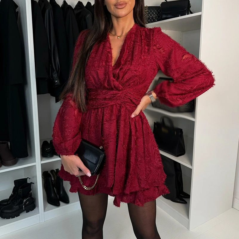 Vintage Lady V Neck High Waist Short Dress Autumn Elegant Long Sleeved Pleated Party Dress Sexy Slim Solid Color Mini Dress 250113