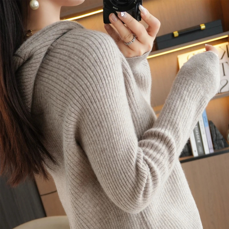 Spring Autumn Knit Hooded Sweater Women Solid Long Sleeve Tops Fashion Female Quality Zipper Loose Basics Pullover Pull Jumper 250114