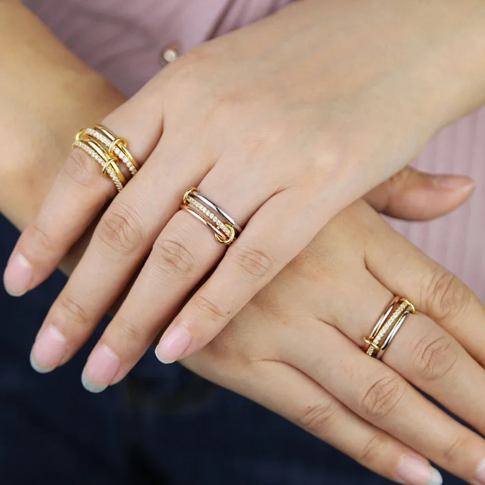 Style 3-Color 4-Link Mixed Finger Jewelry Micro Laying Cubic Zircon Womens Fashion Stacked Ring 250109