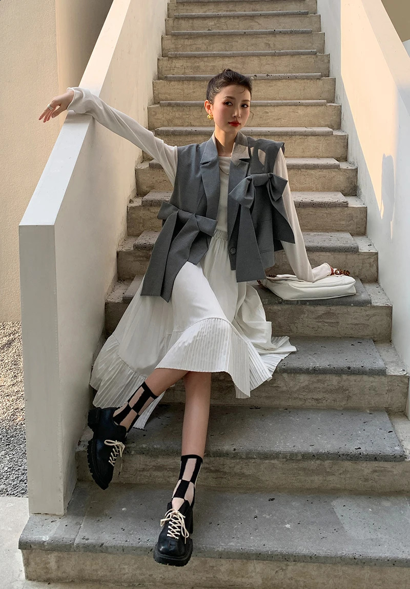 CHEERART Fashion Women Gilet Grey Vest Bow Sleeveless Blazer Coat Loose Crop Jacket Single Button Waist 250113Z