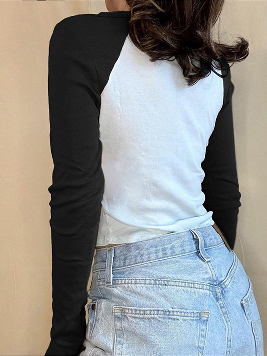 Women's Round Neck T-Shirts Number Print Raglan Long Sleeves Vintage Casual Crop Tops Female Autumn Slim Jumpers Streetwear Y2k