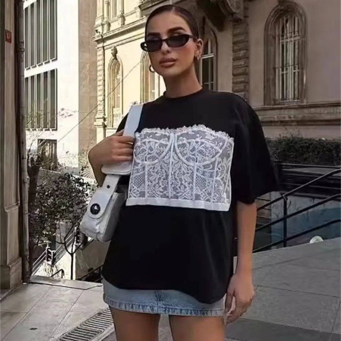 American retro national trend loose and versatile casual street pure cotton short-sleeved with chic printed tie tops 250118