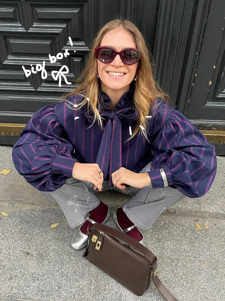 Vintage Women Striped Shirts Fashion Stand Collar Laceup Bow Single Breasted Long Sleeve Blouse 2025 Spring Lady Street Tops 250122