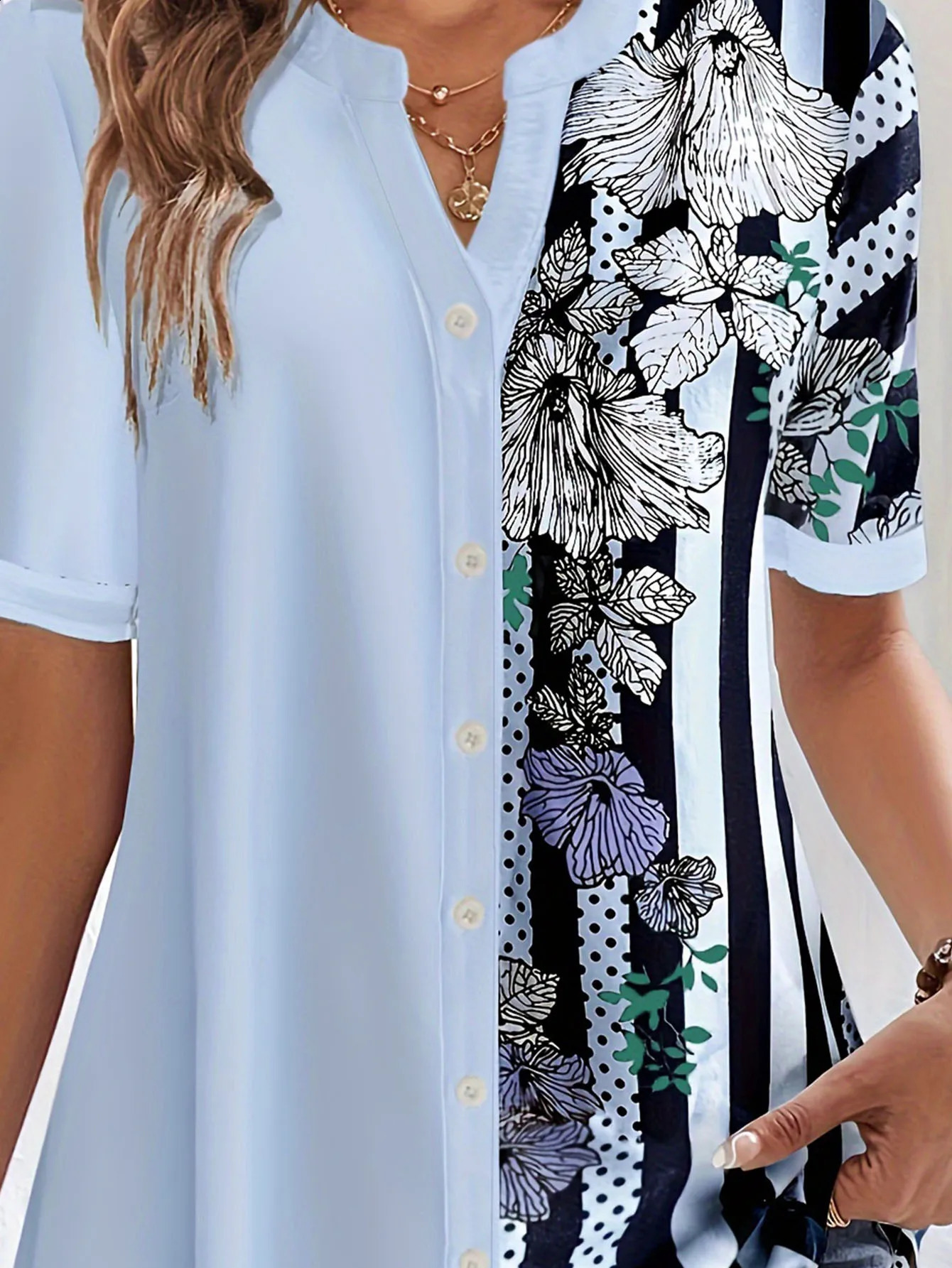 Plus size striped printed shirt casual round neck half sleeved spring womens plus clothing 250122