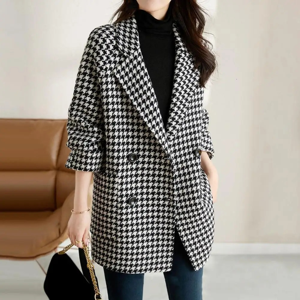 Women Houndstooth Coat Stylish Womens Tweed with Long Sleeves Pockets Vintage Outerwear for Autumn Winter Wear 250122