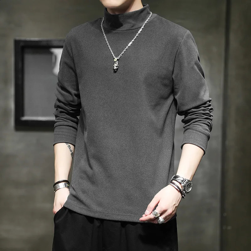 Autumn Mens TShirts Spring High Collar Slim Tee Shirt Long Sleeve Solid Color De Rong Warm Basic Tops Man Undershirts 250122