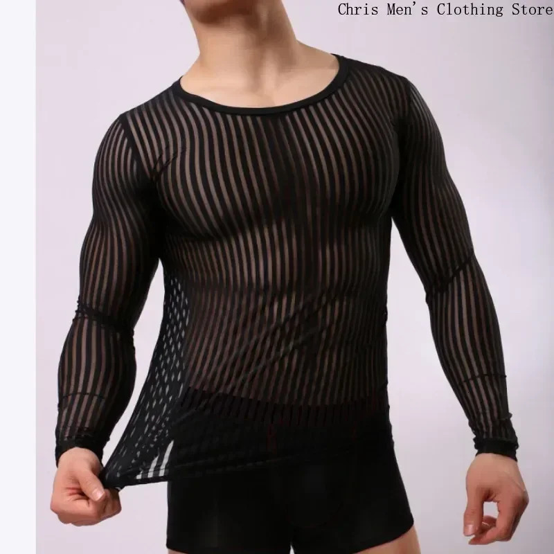Mens Breathable Quick Drying Training Tight T-shirt Sexy See-through Mens T-shirt Muscle Men Stretch Casual Base Long Sleeve Tee 250117