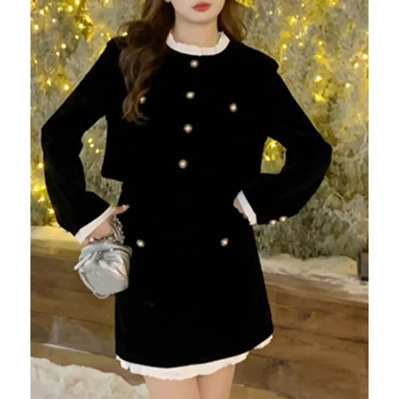 Hepburn Style Velvet Little Black Dress Set French Small Fragrance n Sense Two Piece Female 250122
